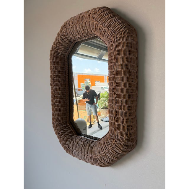 1980s Vintage Coastal Organic Woven Wicker Octagonal Wall Mirror For Sale - Image 4 of 13