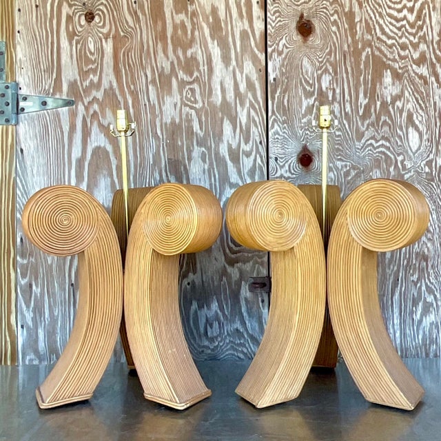 Boho Chic Vintage Late 20th Century Boho Pencil Reed Scroll Lamps - a Pair For Sale - Image 3 of 10