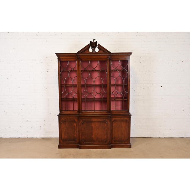 Charak Furniture Georgian Flame Mahogany Breakfront Bookcase Cabinet With Carved Eagle Finial, 1940s For Sale - Image 13 of 13