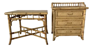 Vintage Coastal Bamboo Nightstand and Side Table – Set of Two