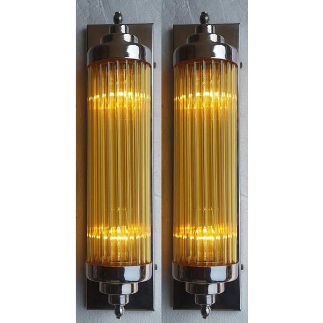Art Deco Vintage Art Deco Rod Ship Light Skyscraper Lamp Wall Sconces in Nickel Brass & Amber Glass - a Pair For Sale - Image 3 of 7