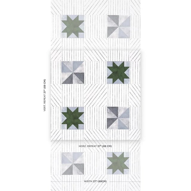 The elegant geometries of quilts inspired Alexander wallpaper, a simple grid of pinwheel and rolling star motifs...