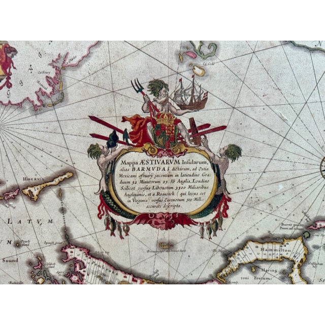 17th Century Willem Janszoon Blaeu (Dutch, 1571–1638) “Mappa Aestivarum Insularum Alias Bermudas,” C. 1635–1650 Hand-Colored Copperplate Engraving For Sale - Image 4 of 12