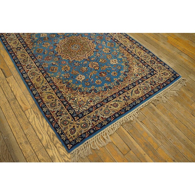 1940s Blue Medallion Antique Persian Isfahan Rug Silk Highlights 3'6" X 5'2" Wool Knotted Carpet For Sale In New York - Image 6 of 8