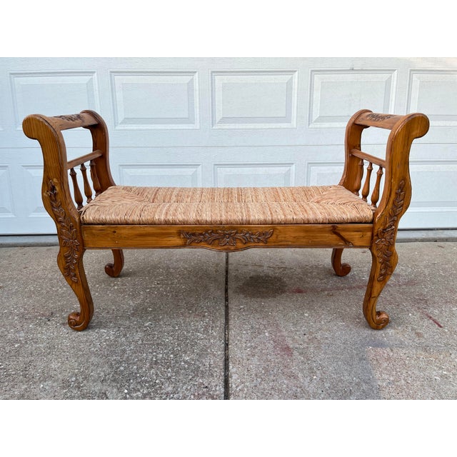 Rustic Farmhouse Carved Maple Bench With Woven Rush Seat For Sale - Image 12 of 12