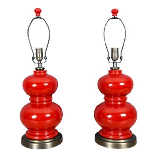 Pair Double Gourd Chinese Porcelain Rare Red Glaze Pottery Barn Table Lamps For Sale