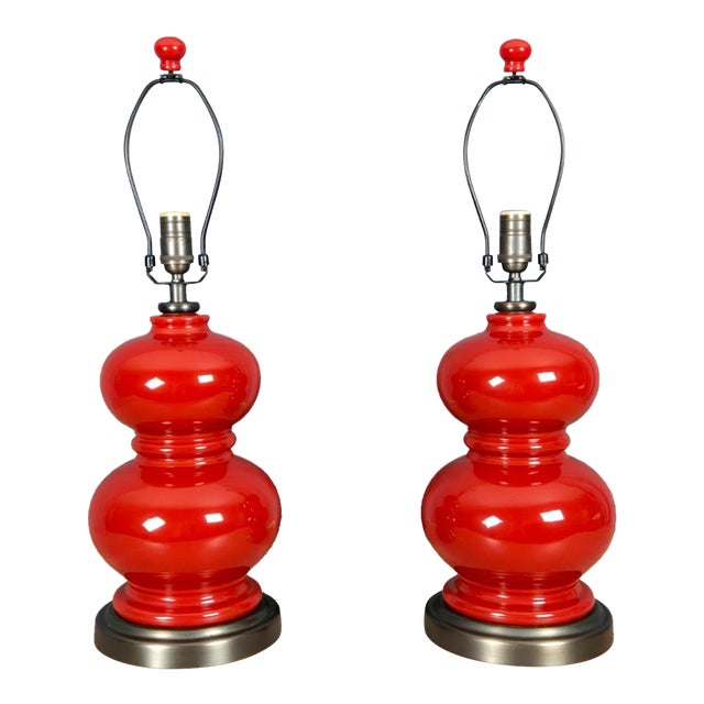 Pair Double Gourd Chinese Porcelain Rare Red Glaze Pottery Barn Table Lamps For Sale