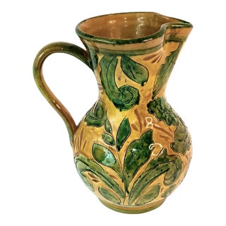 Vintage Italian Ceramic Pitcher Yellow With Green Leaves For Sale