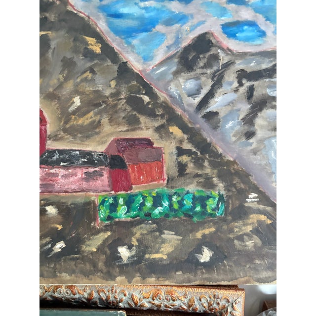 Vintage primitive oil painting landscape on canvas.