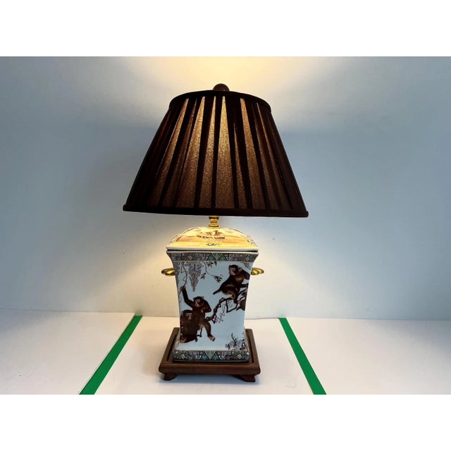 1950s Porcelain Monkeys Jar Lamp & Shade For Sale - Image 4 of 18