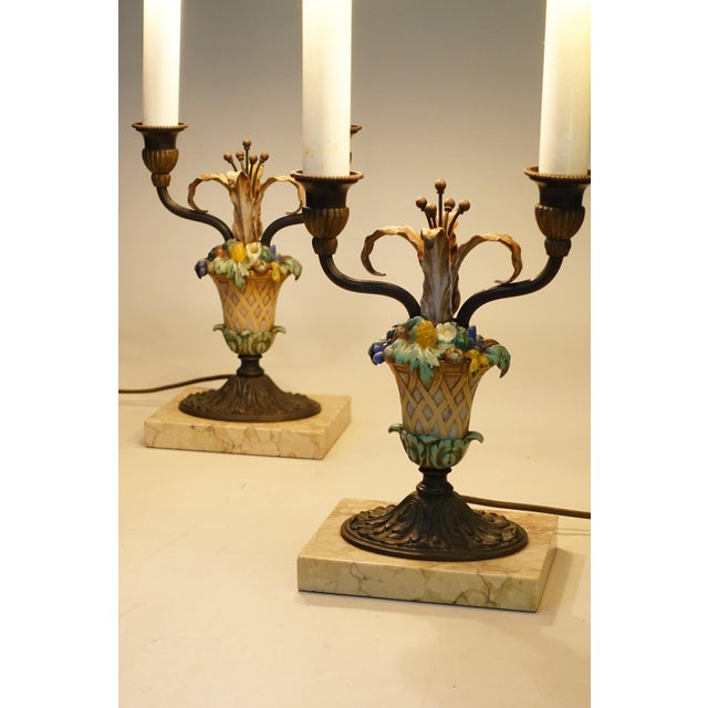 1920s 1920s Matched Pair Neoclassic French Empire Regency Tole Bronze Marble Candelabra Table Lamps For Sale - Image 5 of 12