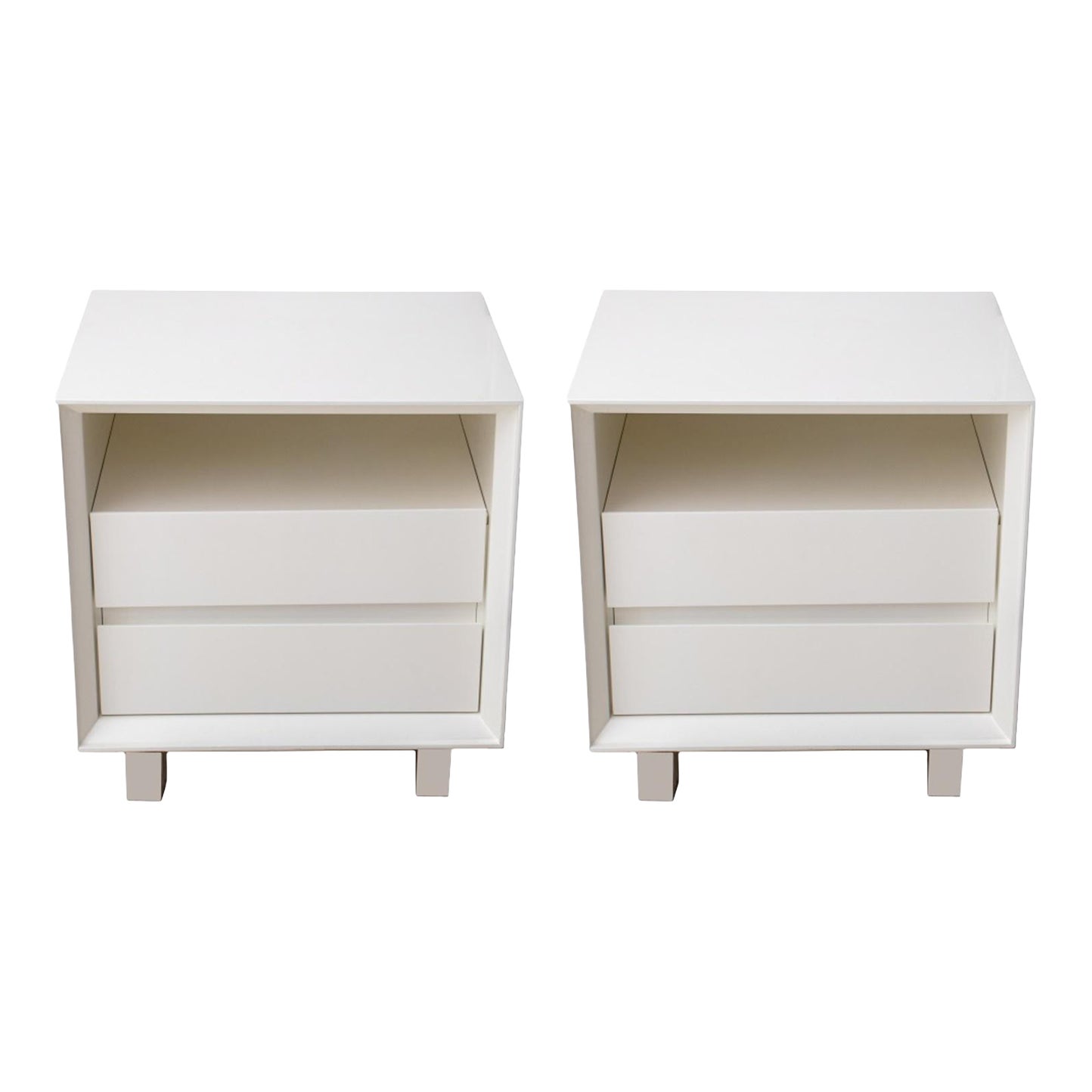 Modern White Lacquer Bedside Tables, Pair | Chairish