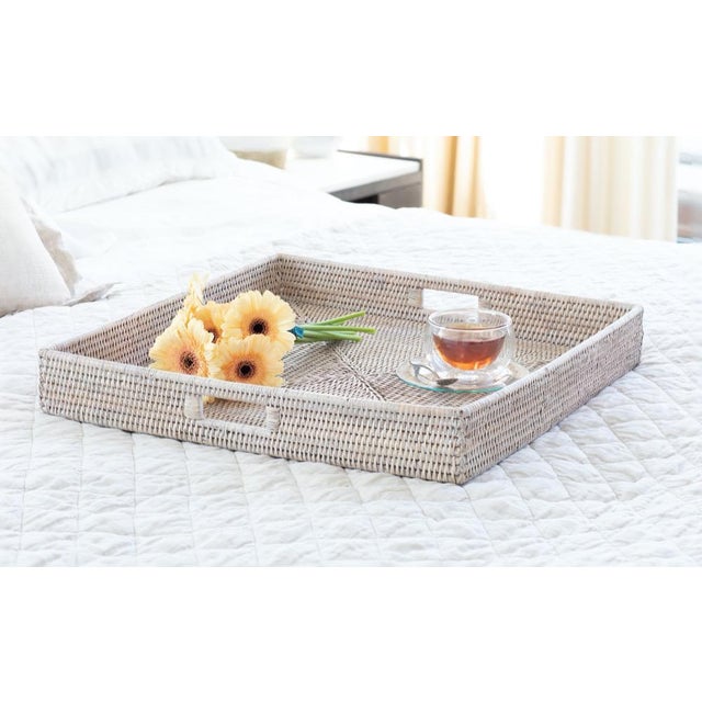 Artifacts Rattan Square Ottoman Tray with Cutout Handles in White Wash - 20" For Sale In Houston - Image 6 of 9