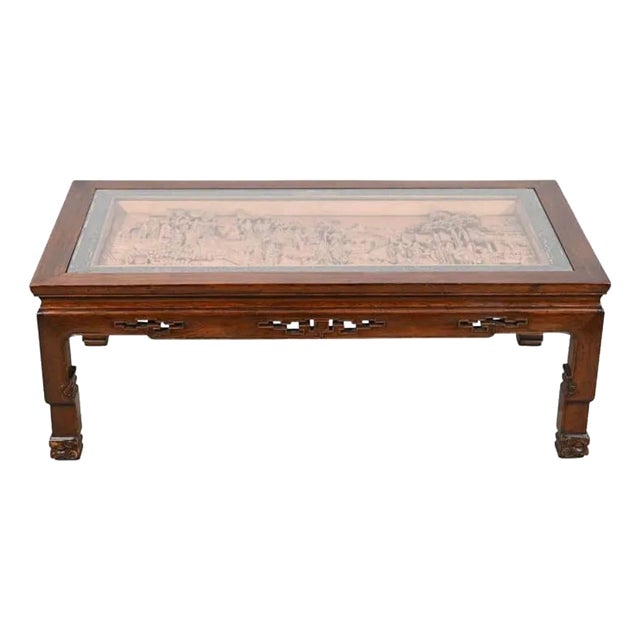 Asian Coffee Table With Inset Carved Details For Sale