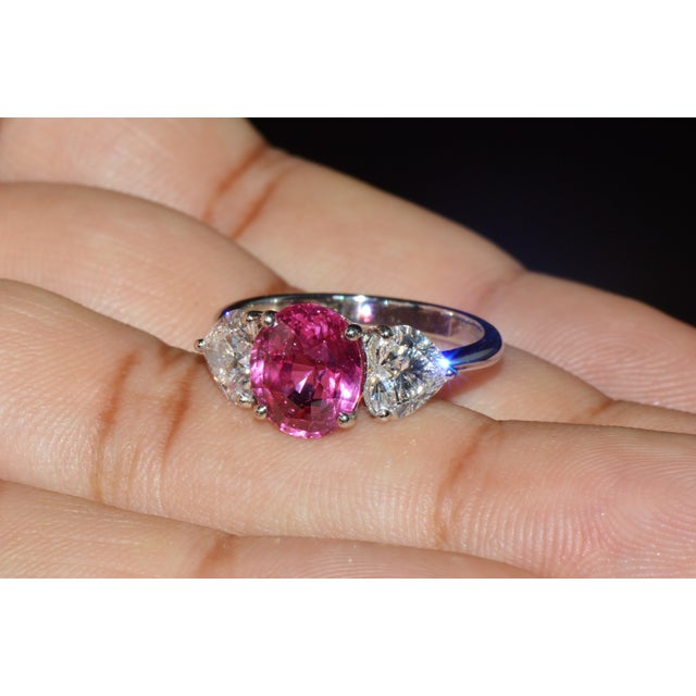 Late 20th Century Gia 4.47Cts No-Heat Mozambique Ruby & D Vvs2 Heart Diamond Platinum Three Stone Ring, Size 6 For Sale - Image 12 of 18