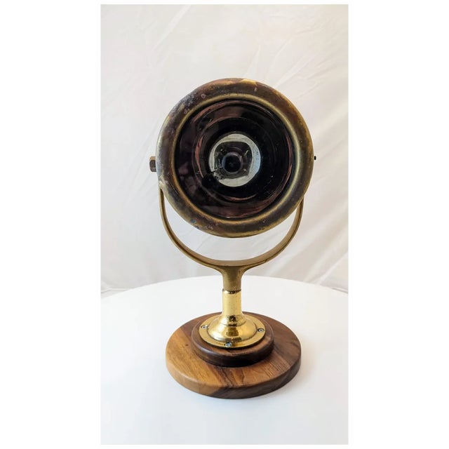 Vintage Brass Yacht Search Light: Nautical Decor With Walnut Base For Sale - Image 9 of 11