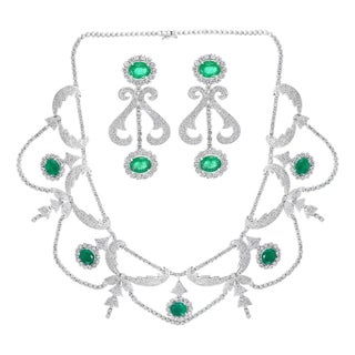 Oval Natural Zambian Emerald & Diamond Fringe Necklace and Earring Bridal Suite For Sale