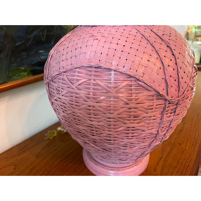Shabby Chic Vintage Pink Wicker Table Lamp For Sale - Image 3 of 11