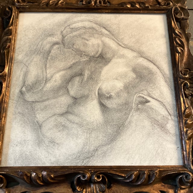 Original 12 x 12 charcoal study drawing unsigned Overall size with vintage carved wood frame is 16 x 16.