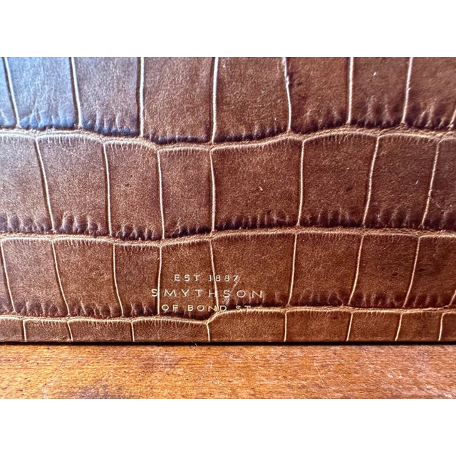 Vintage Smythson of Bond St. Luxury Embossed Brown Leather Stationary Desk Organizer For Sale In Savannah - Image 6 of 9