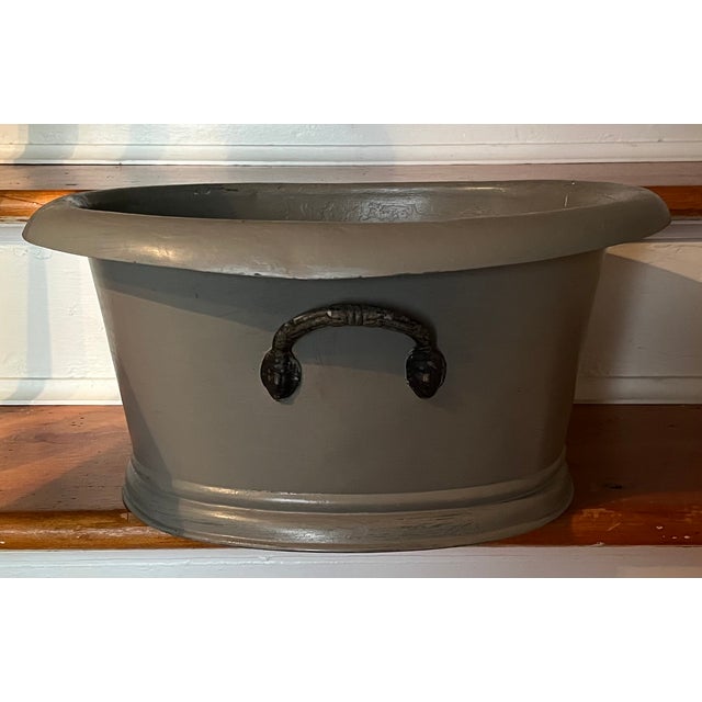 Antique 19th Century French Second Empire Tole Gray Painted Oval Jardiniere Cachepot Planter With Mask Handles For Sale - Image 4 of 18
