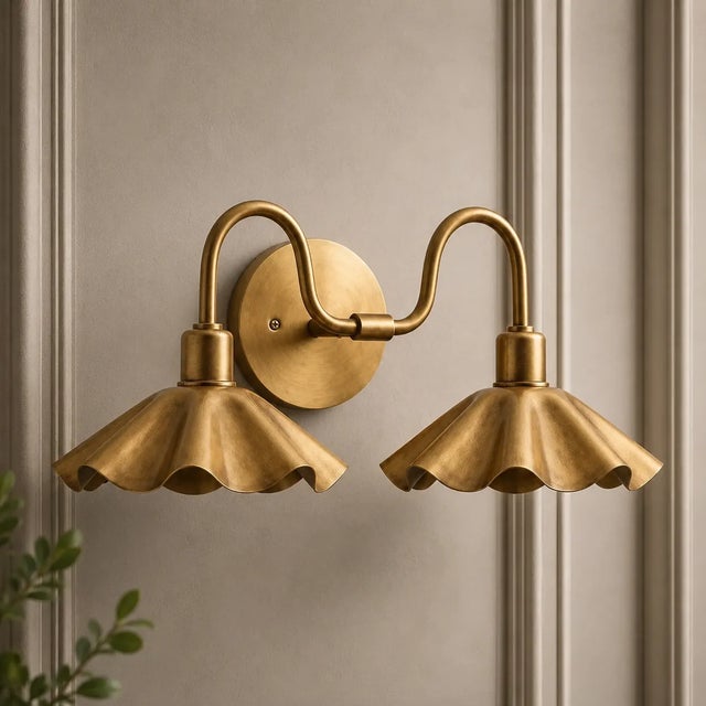 Not Yet Made - Made To Order Brass 2-Light Vanity Sconce With Scalloped Shades, Bathroom Wall Light, Brass Swan-Neck Wall Sconce For Sale - Image 5 of 8