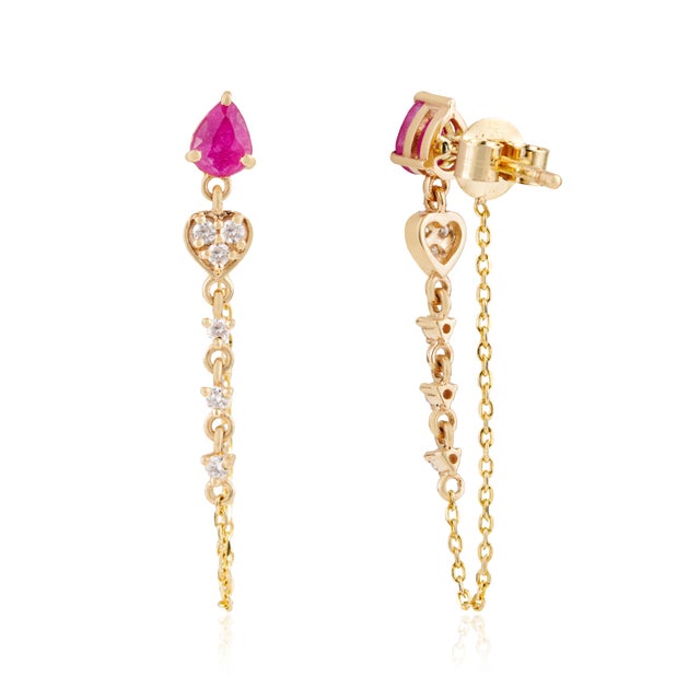 Metal Contemporary Pear Cut Red Ruby & Diamond Chain Earrings in 14k Yellow Gold- A Pair For Sale - Image 7 of 13