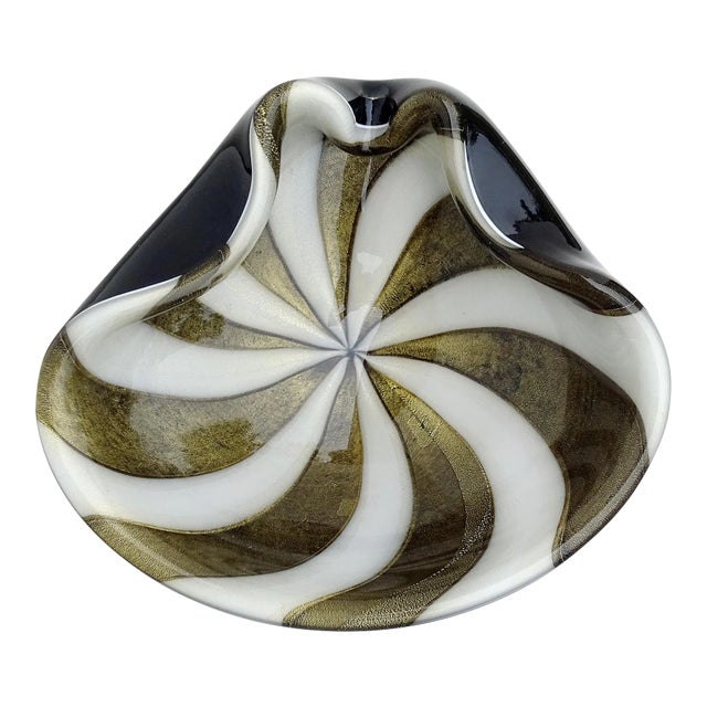 Murano Barbini Black White Stripe Pattern Gold Flecks Vintage Italian Art Glass Mid Century Bowl Ashtray For Sale