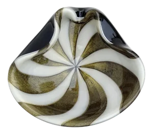 Murano Barbini Black White Stripe Pattern Gold Flecks Vintage Italian Art Glass Mid Century Bowl Ashtray