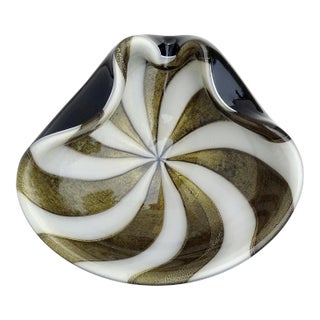 Vintage Barbini Murano Black White Stripe Pattern Gold Flecks Italian Art Glass Mid Century Bowl Ashtray For Sale