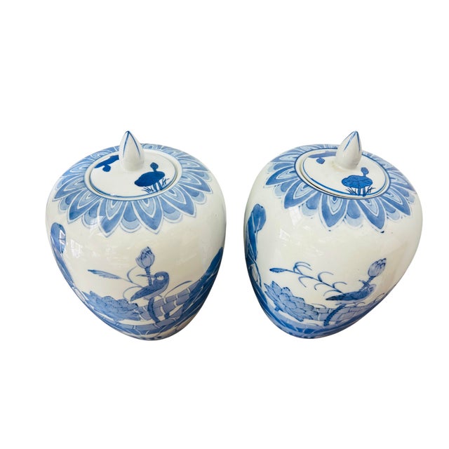 Pair of Vintage Chinese Blue & White Porcelain Ginger Jars With Lids | Chinoiserie Lotus & Bird Motif | Hand-Painted Cobalt Decor For Sale - Image 4 of 9