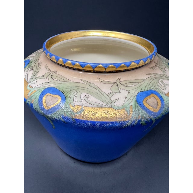 Antique Willets Belleek Trenton Nj Hand-Painted Art Nouveau Peacock Jardinière Bowl, Cobalt & Gilt Aesthetic Movement Centerpiece, Circa 1900 For Sale - Image 4 of 9