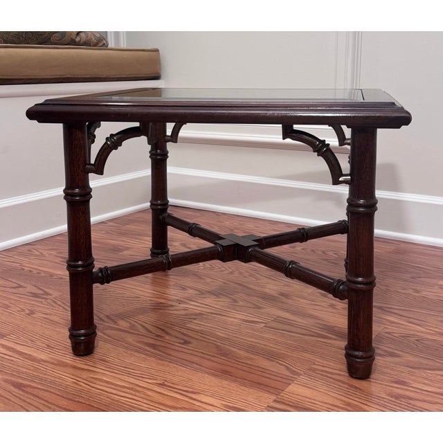 Vintage Chinoiserie Chippendale Style Mahogany Solid Wood, Glass & Brass Finish Side Table For Sale - Image 4 of 12