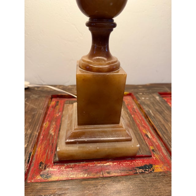 1950s Italian Hand-Carved Alabaster Table Lamp With Original Fringe Shade For Sale - Image 9 of 10