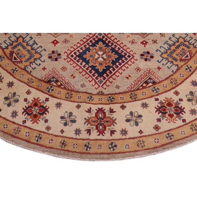 Shabby Chic Rustic Kazak Light Blue/Beige Wool Round Rug- 8'0''x8'0'' For Sale - Image 3 of 9