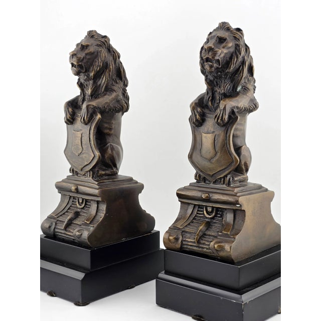 Rare Antique Pair of Victorian-Era Bronze Lion Rampart Bookends on Pedestal. For Sale In Houston - Image 6 of 16