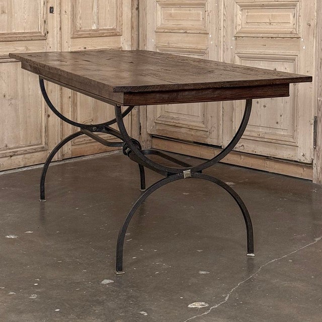 Country French Hand Forged Iron Dining Table With Antique Oak Top For Sale - Image 14 of 18