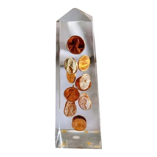 Lucite Obelisk With Suspended New Copper Pennies- 1974 For Sale