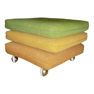 Mid Century Stacked Pillow Rolling Ottoman in Tweed For Sale