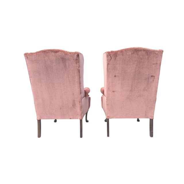 Mid 20th Century Rose Gold Pink Crushed Velvet Wingback Chairs- A Pair For Sale - Image 11 of 18