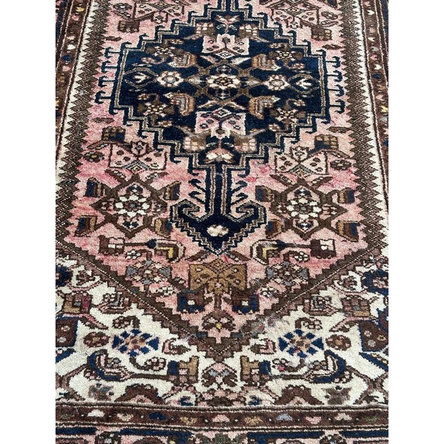 Pretty mid century rustic Hamadan rug with nice geometrical and stylized designs, and beautiful colours with pink , navy...