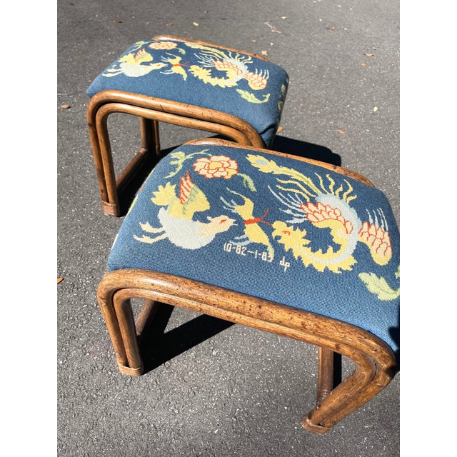 Vintage Rattan Backgammon Table With Needlepoint Stools Chairish