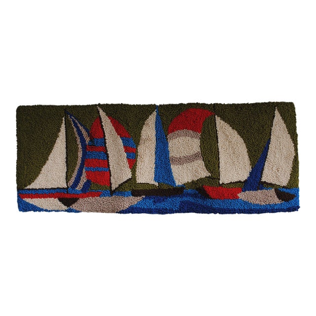 Mid Century Hooked Rug Wall Hanging - Sailboats For Sale