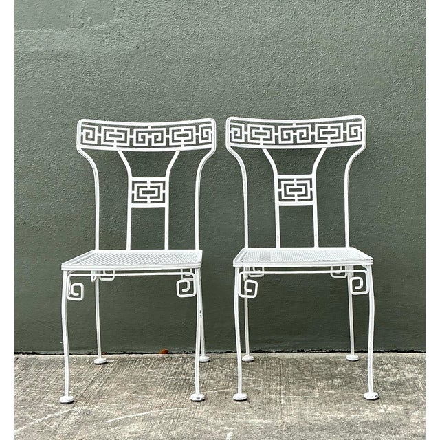 Mid-Century Modern Vintage Salterini Greek Key Wrought Iron Dining Chairs, Attributed - A Pair For Sale - Image 3 of 12