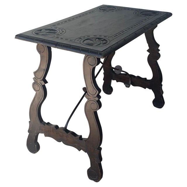 19th Century Spanish Baroque Side Table with Carved Top & Legs & Iron Stretchers For Sale - Image 10 of 18