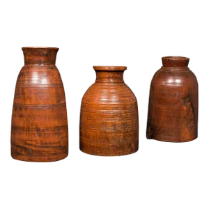 1900s Victorian Trio of Antique Tribal Vases, Indian, Hardwood, Accent Jar, Rustic
