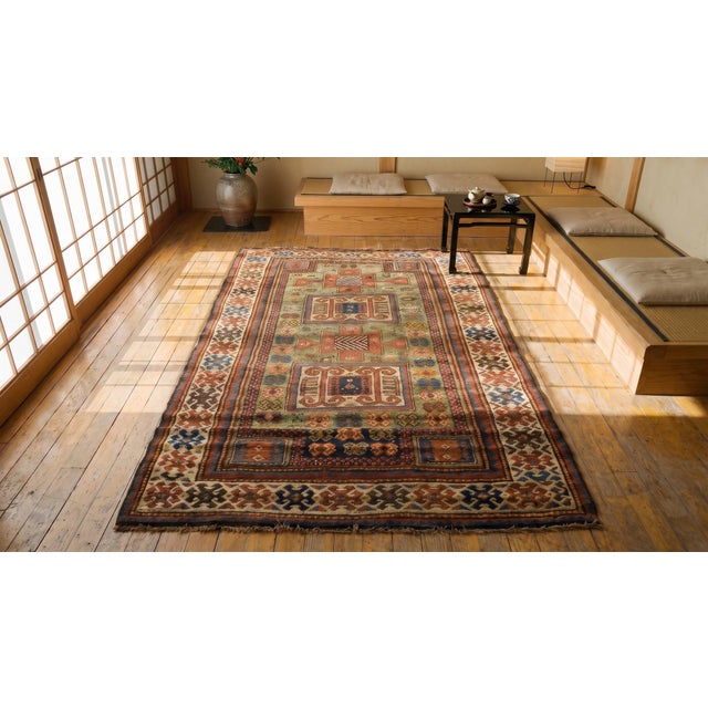 Celadon 1880s Green Medallion Tribal Antique Caucasian Karachopf Kazak Rug 4' X 7'8" Hand Knotted Wool Carpet For Sale - Image 8 of 9