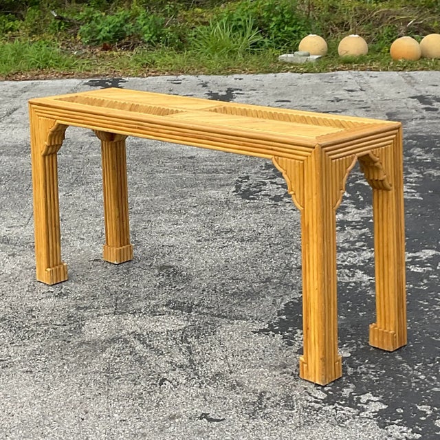 Late 20th Century Vintage Coastal Pretzel Rattan Chevron Ming Console Table For Sale - Image 10 of 11