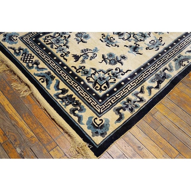 1920s Ivory Field Classic Traditional Greek Key Antique Chinese Silk Knotted Rug For Sale - Image 4 of 5