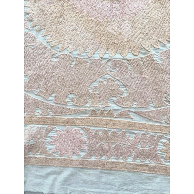 Mid-Century Modern Suzani Embroidered Wall Hanging - Neutral Tan Uzbekistan Embroidery 4'4'' X 4'6'' For Sale - Image 3 of 8